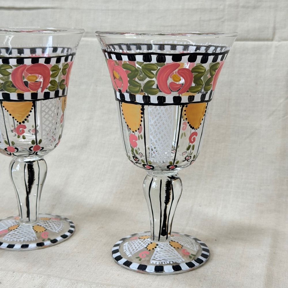 Vintage Mary Engelbreit Hand Painted Wine Goblets Pair Colorful Floral Glasses - Picture 4 of 8